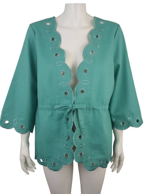 Bob Mackie Jackets & Blazers - Bob Mackie Wearable Art Scalloped Eyelet Tie Front Jacket Green Blue Womens L